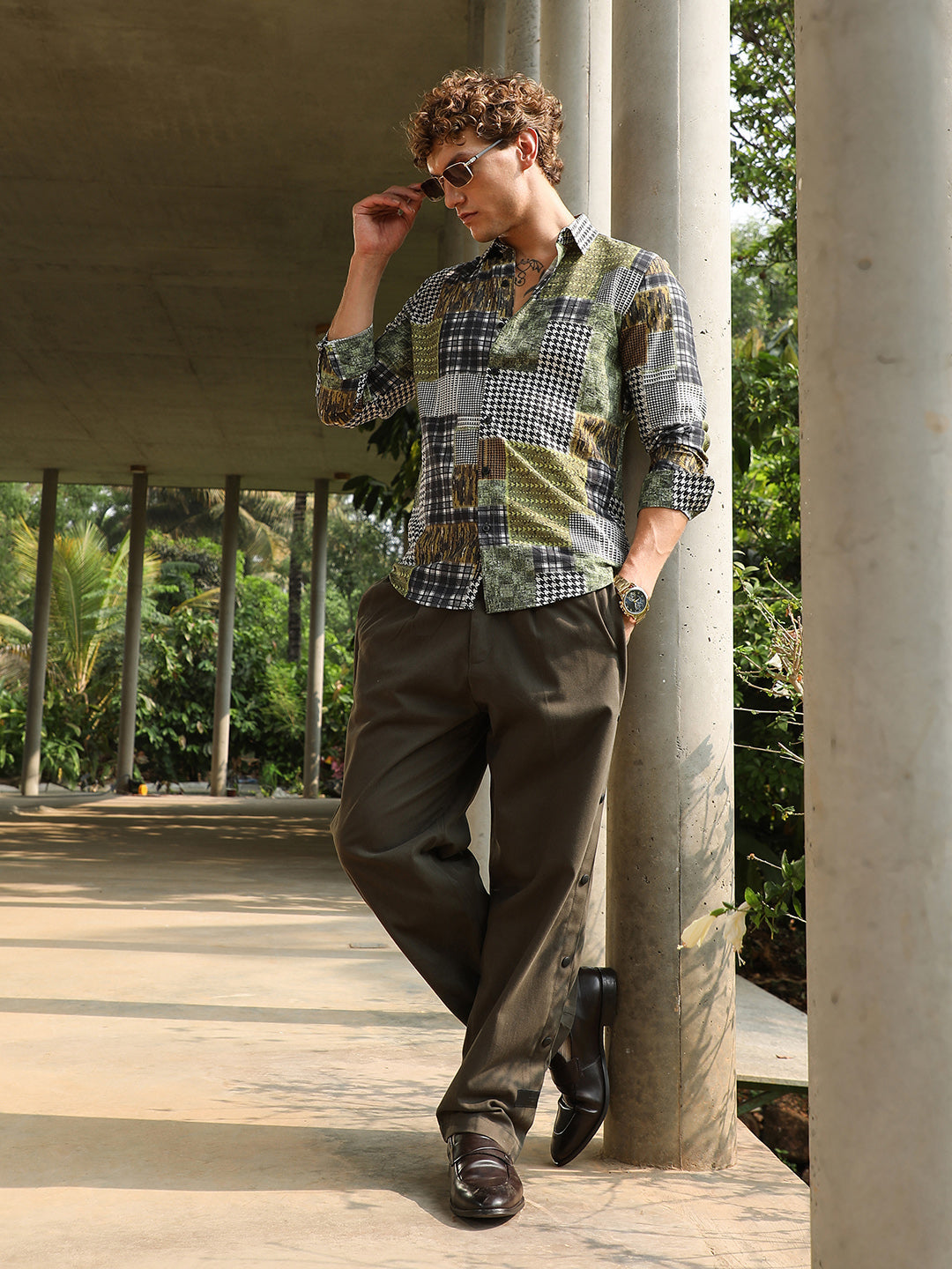 Men Olive Green Houndstooth Block Shirt