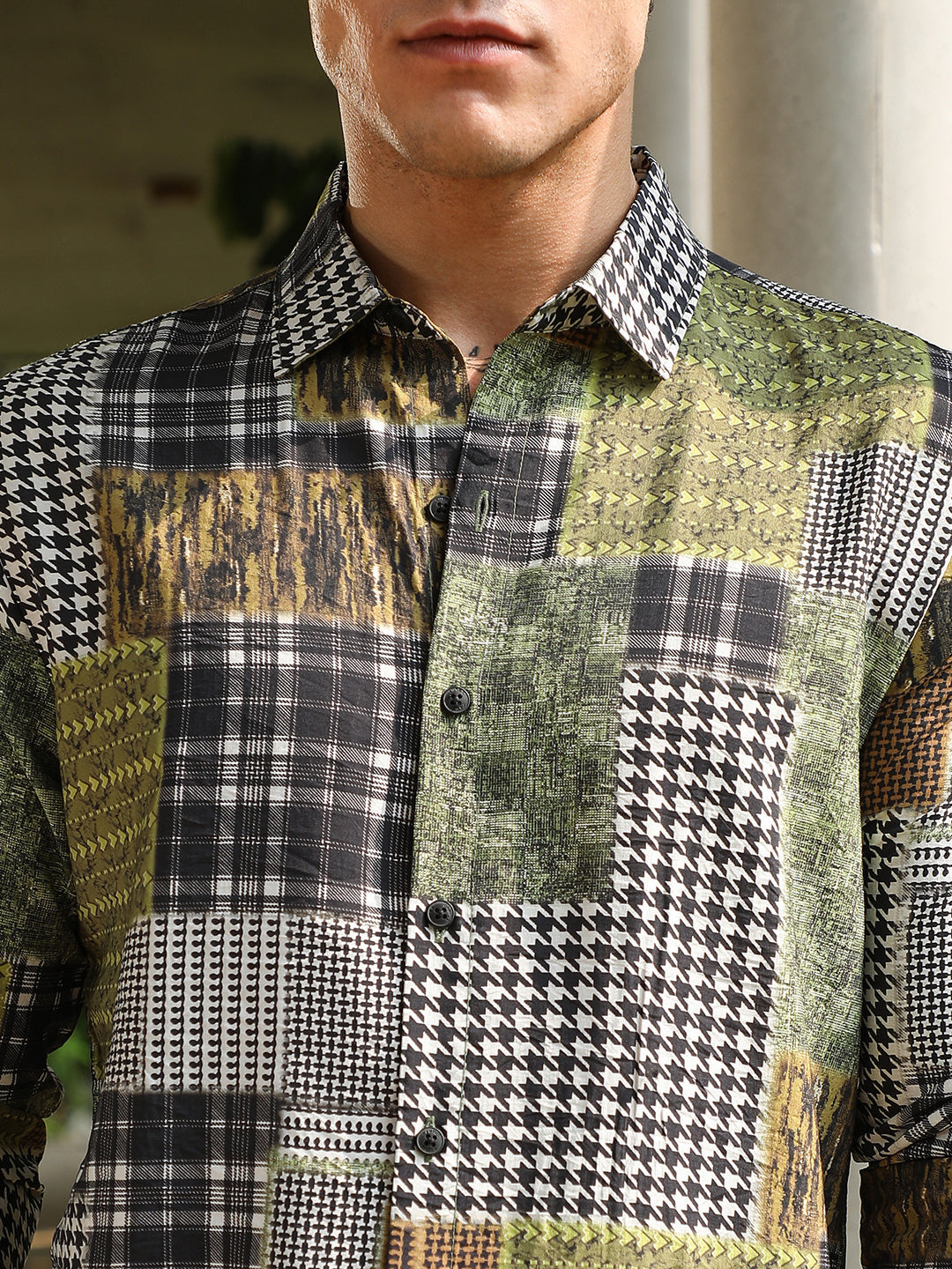 Men Olive Green Houndstooth Block Shirt
