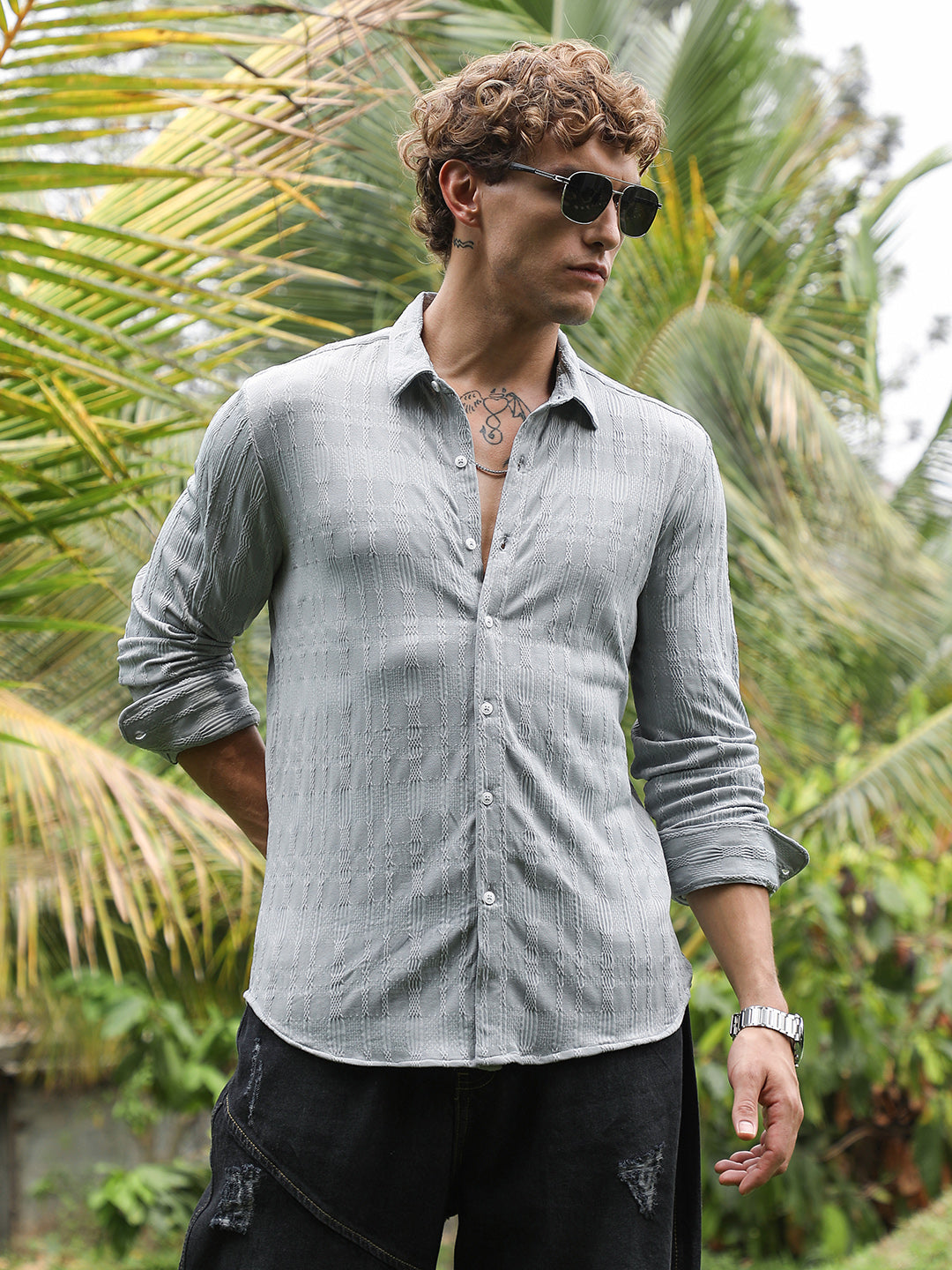 Men Coin Grey Braided-Knot Tactile Shirt