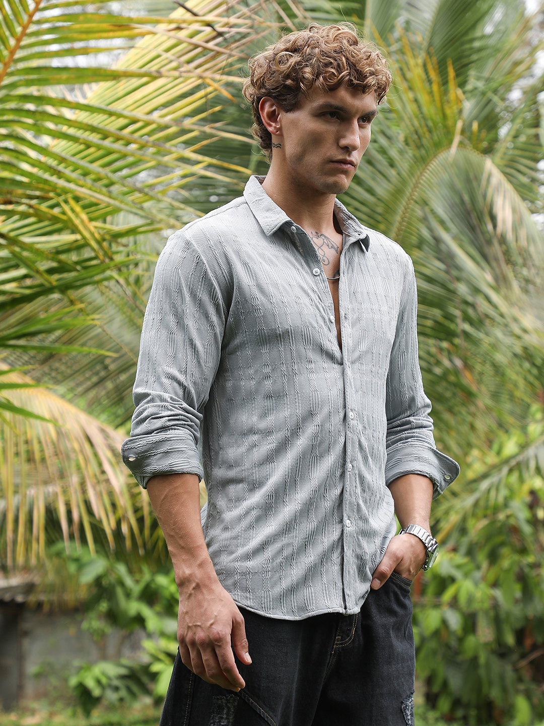Men Coin Grey Braided-Knot Tactile Shirt