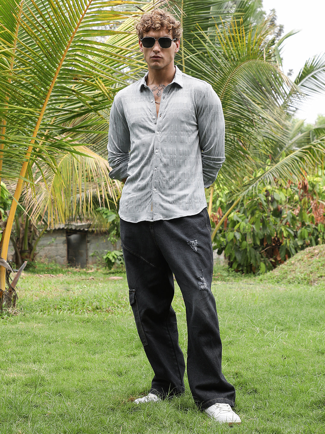 Men Coin Grey Braided-Knot Tactile Shirt