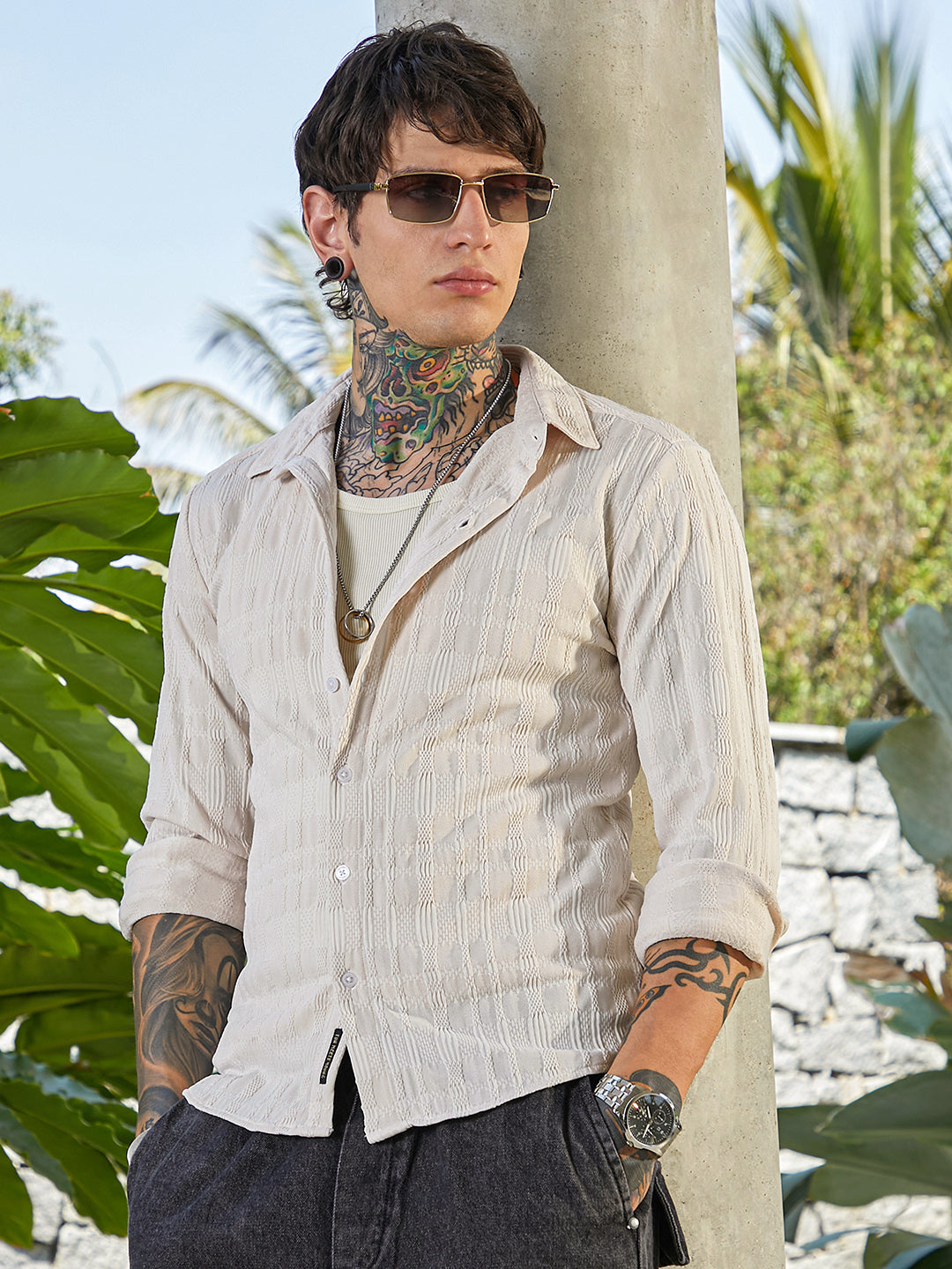 Men Saltbox Beige Braided-Knot Tactile Shirt