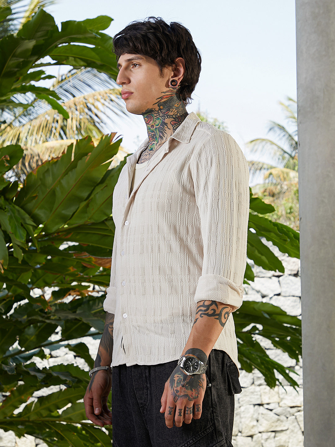 Men Saltbox Beige Braided-Knot Tactile Shirt