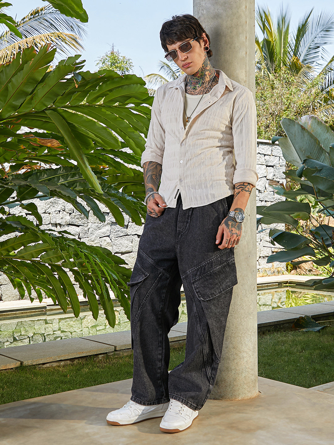Men Saltbox Beige Braided-Knot Tactile Shirt