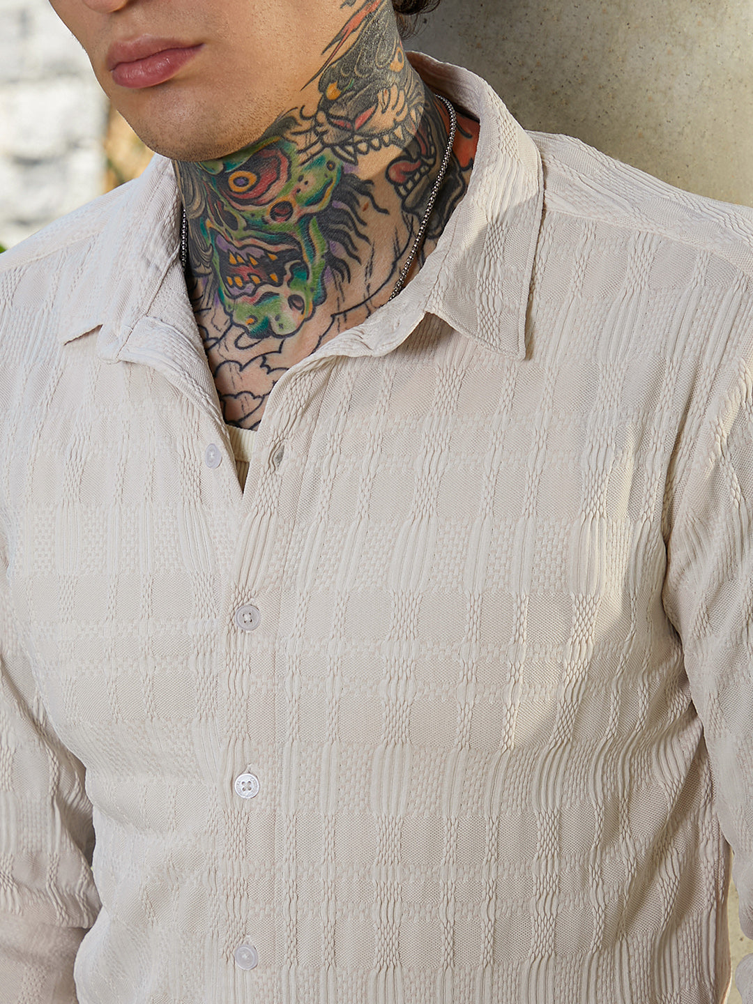 Men Saltbox Beige Braided-Knot Tactile Shirt
