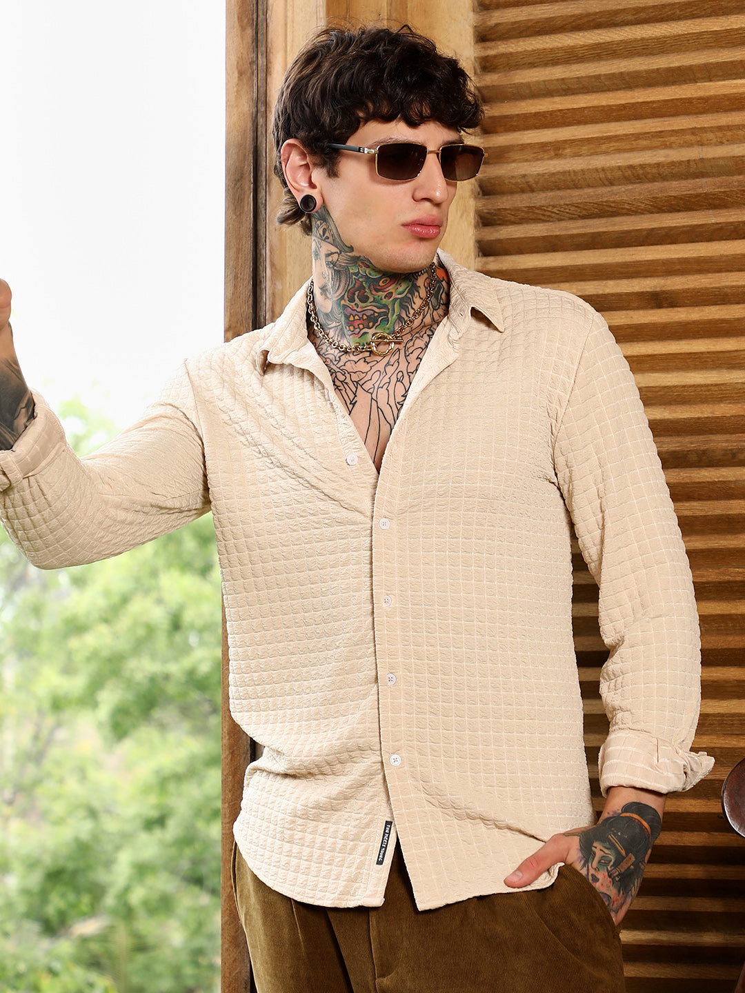Men Ecru Beige Cube-Textured Shirt