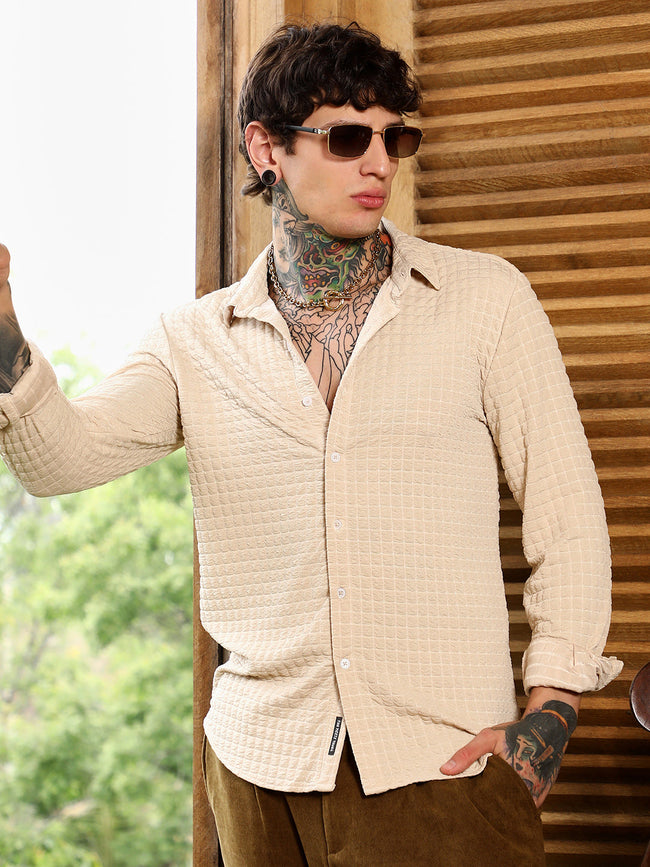 Men Ecru Beige Cube-Textured Shirt