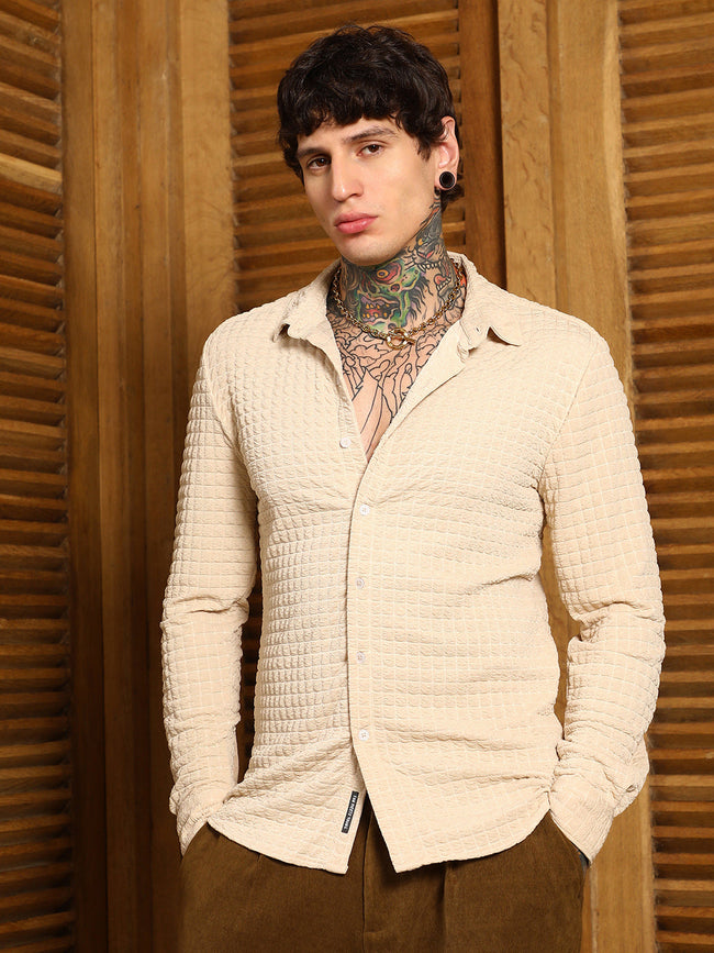 Men Ecru Beige Cube-Textured Shirt