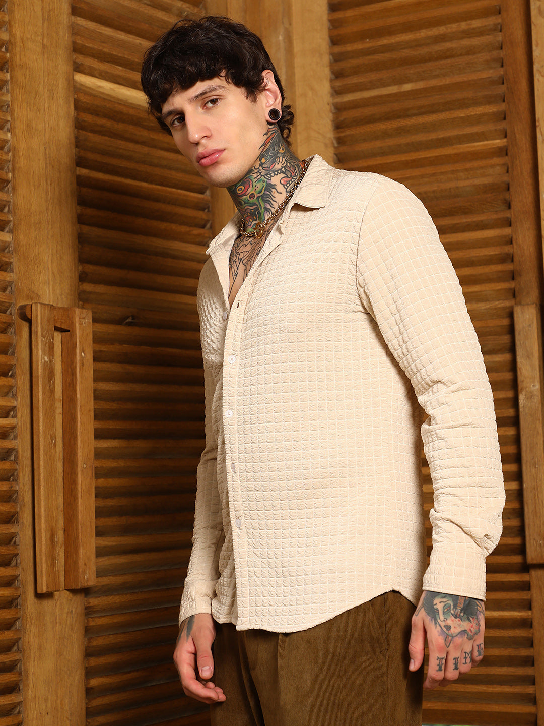 Men Ecru Beige Cube-Textured Shirt
