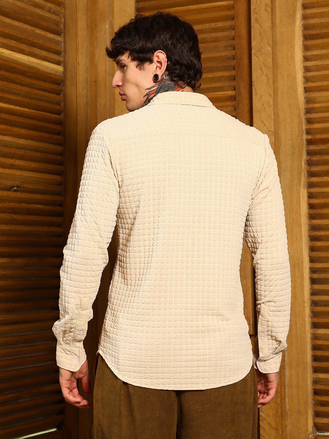Men Ecru Beige Cube-Textured Shirt