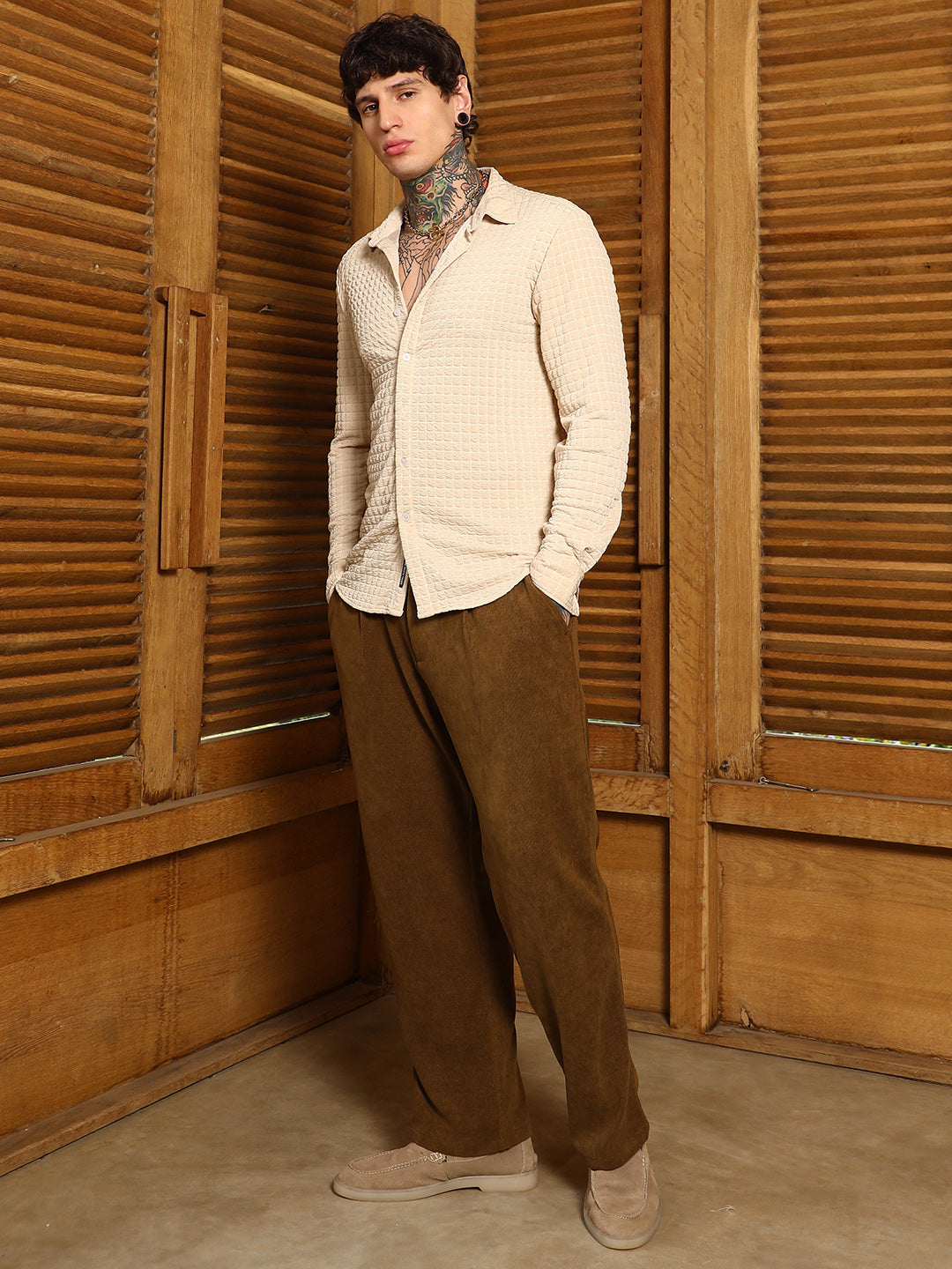 Men Ecru Beige Cube-Textured Shirt