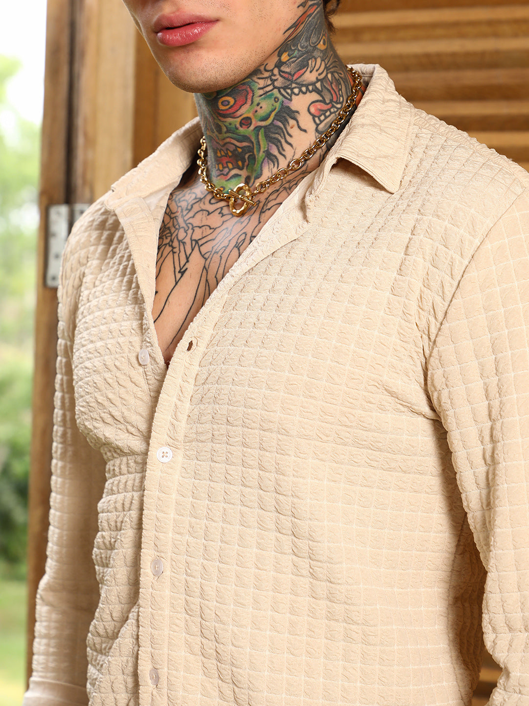 Men Ecru Beige Cube-Textured Shirt