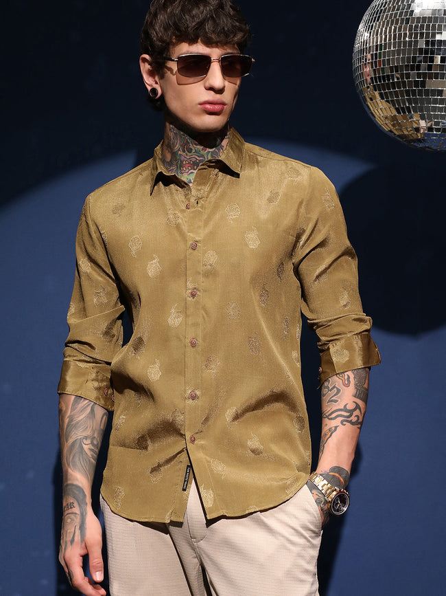Men Olive Green Lotus-Texture Shirt
