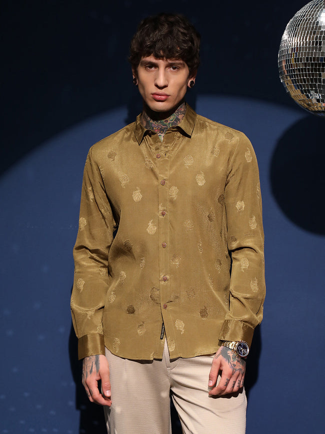 Men Olive Green Lotus-Texture Shirt