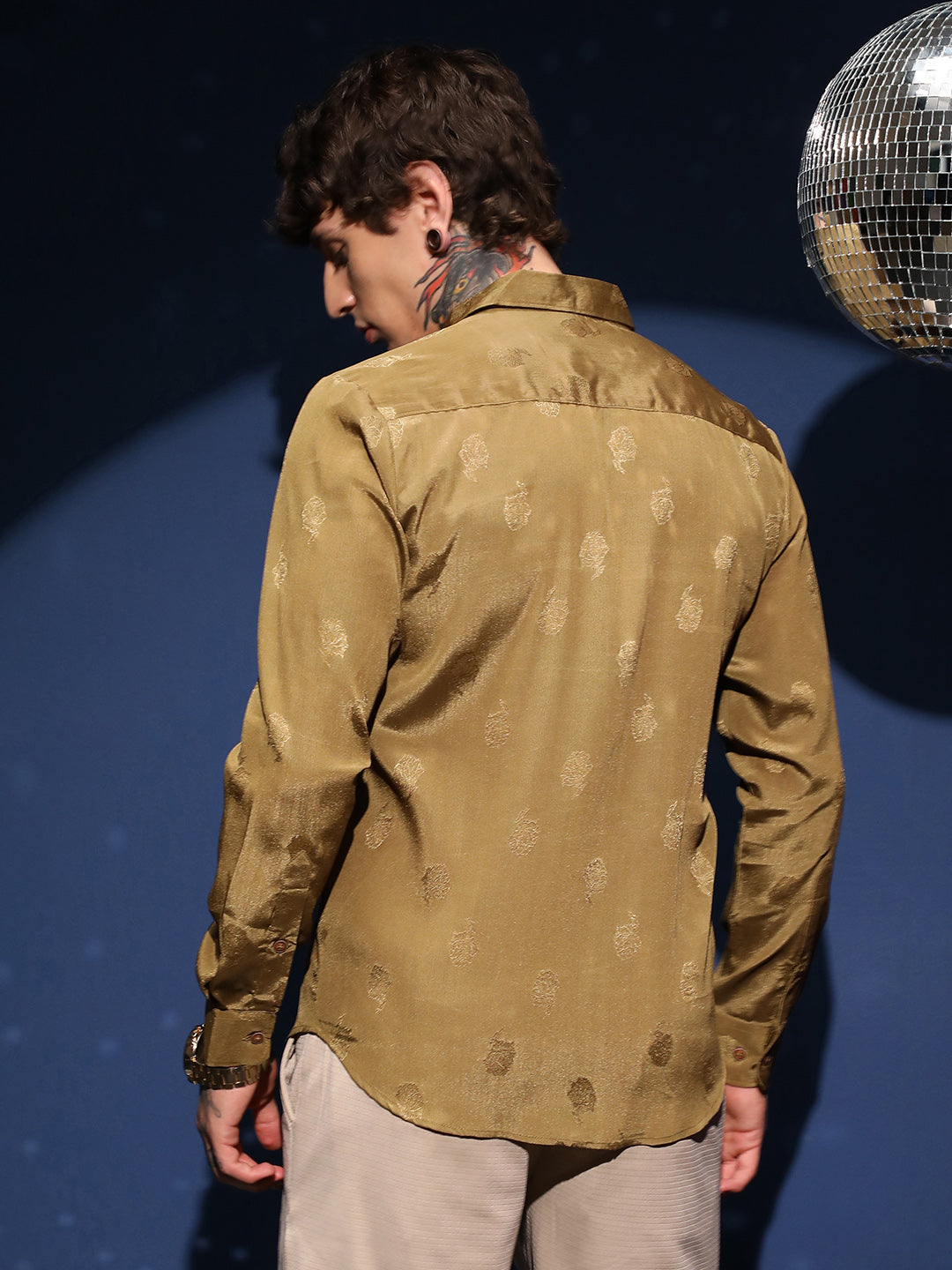 Men Olive Green Lotus-Texture Shirt