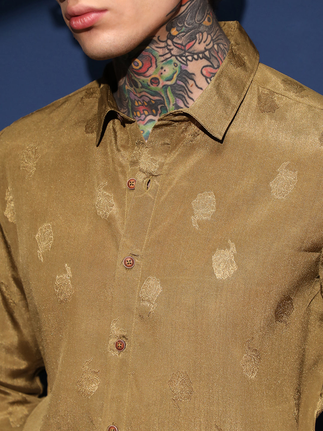 Men Olive Green Lotus-Texture Shirt