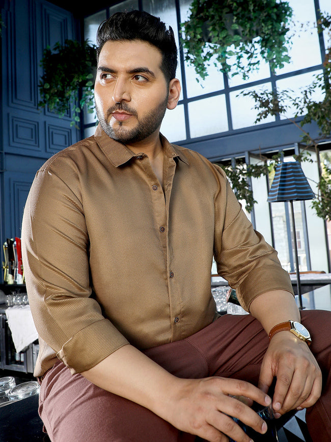 Men Brown Self Design Shirt
