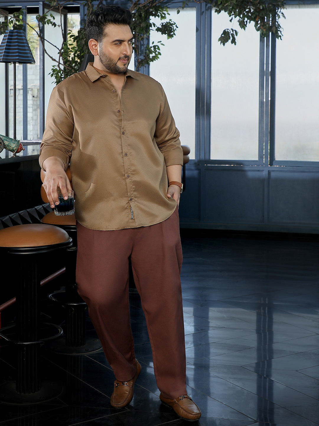 Men Brown Self Design Shirt