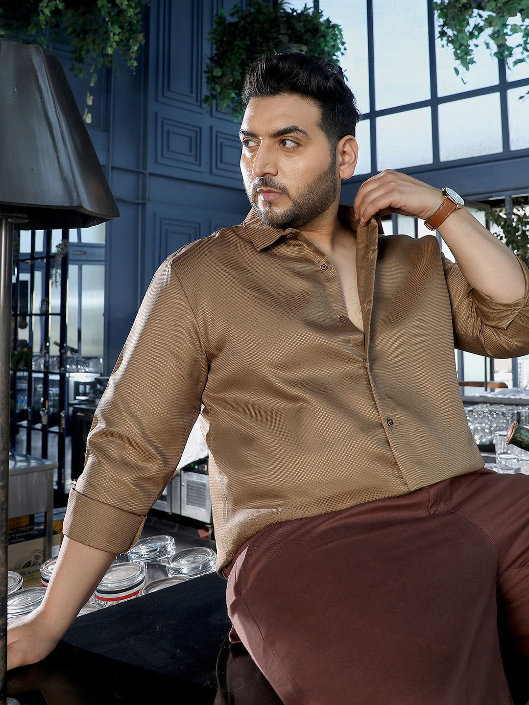Men Brown Self Design Shirt