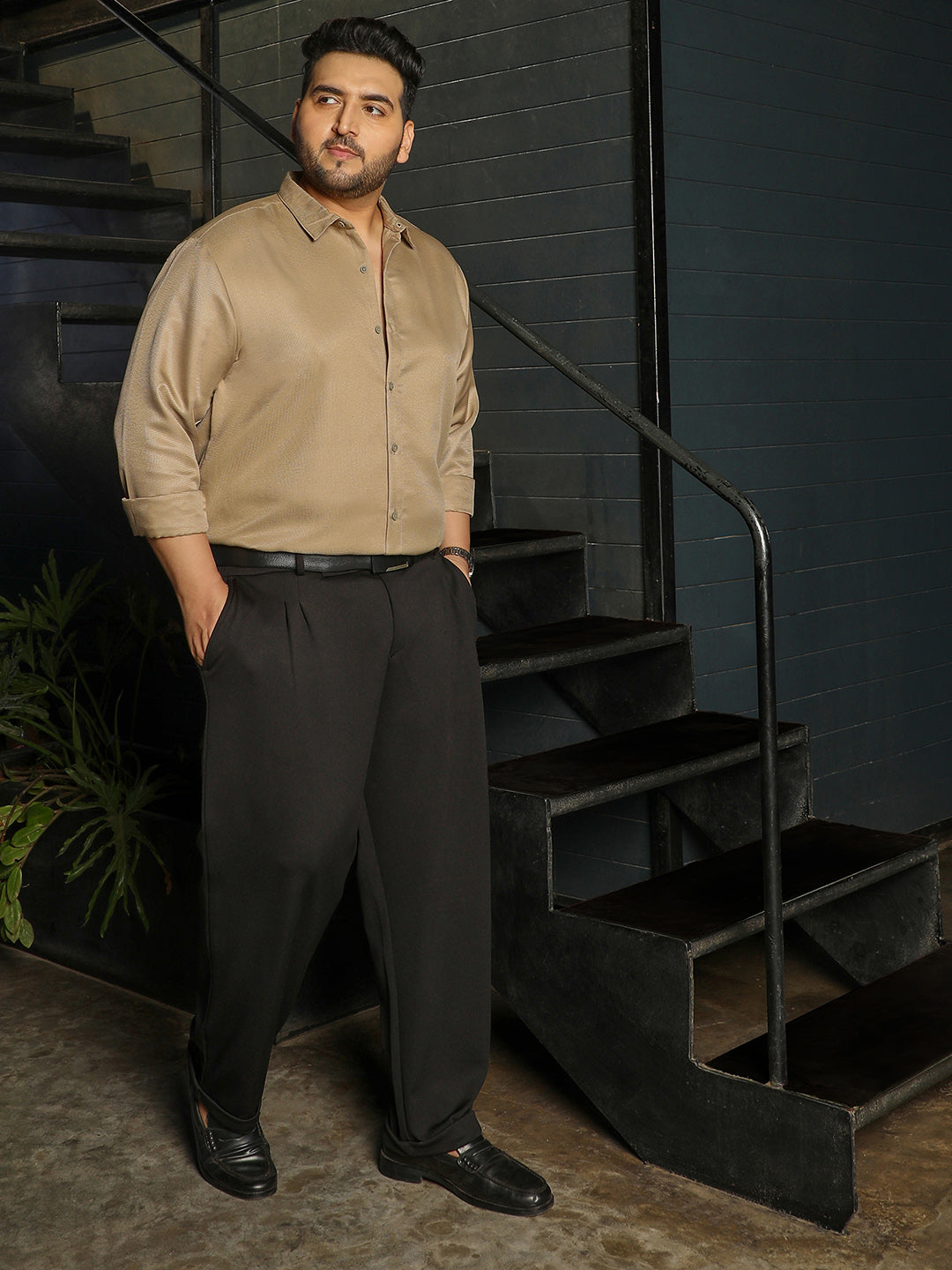 Men Khaki Self Design Shirt
