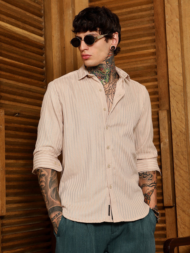 Men Khaki Beige Ripple-Trough Shirt