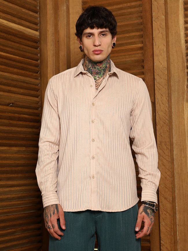 Men Khaki Beige Ripple-Trough Shirt