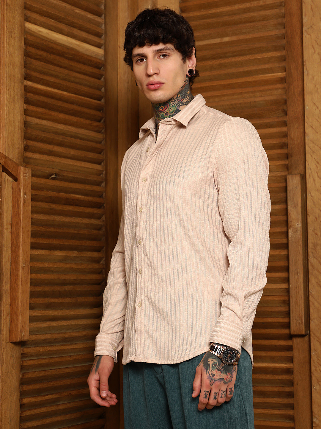 Men Khaki Beige Ripple-Trough Shirt