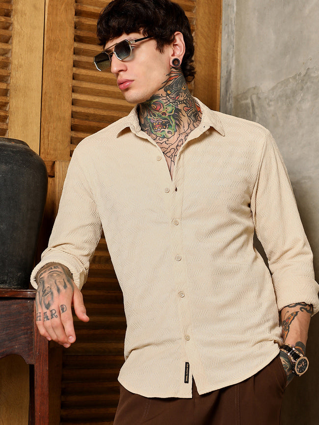 Men Khaki Beige Chevron-Tactile Shirt