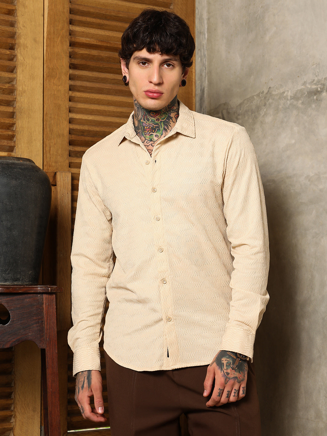Men Khaki Beige Chevron-Tactile Shirt