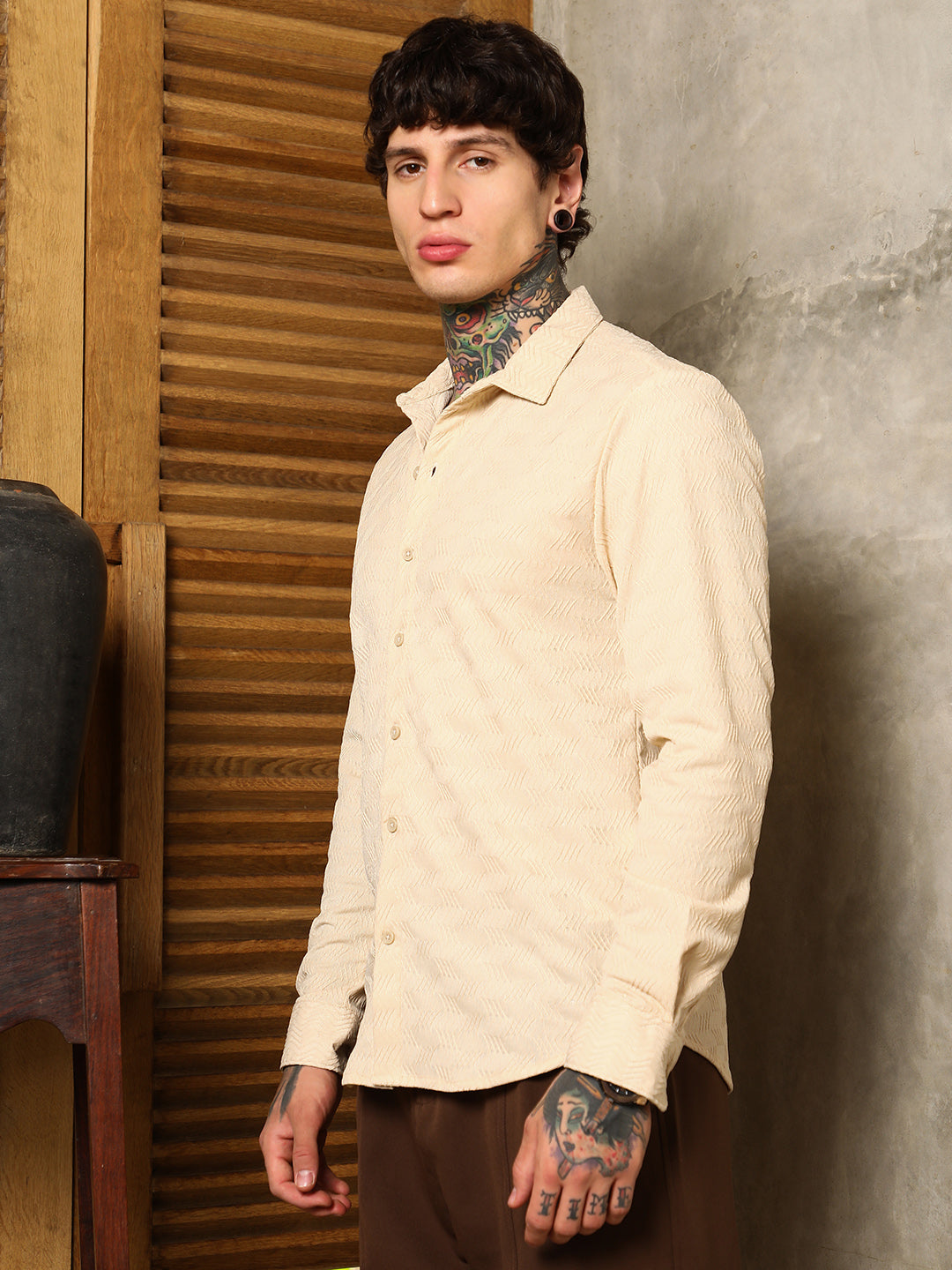 Men Khaki Beige Chevron-Tactile Shirt