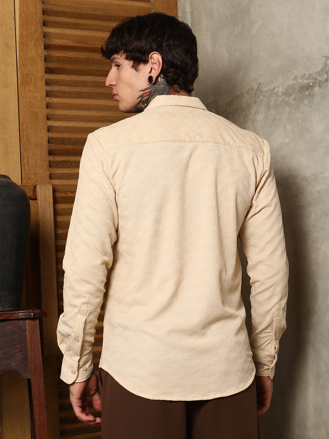 Men Khaki Beige Chevron-Tactile Shirt