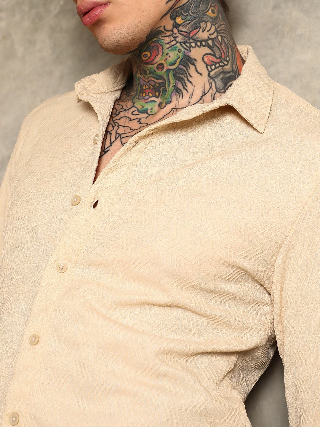 Men Khaki Beige Chevron-Tactile Shirt