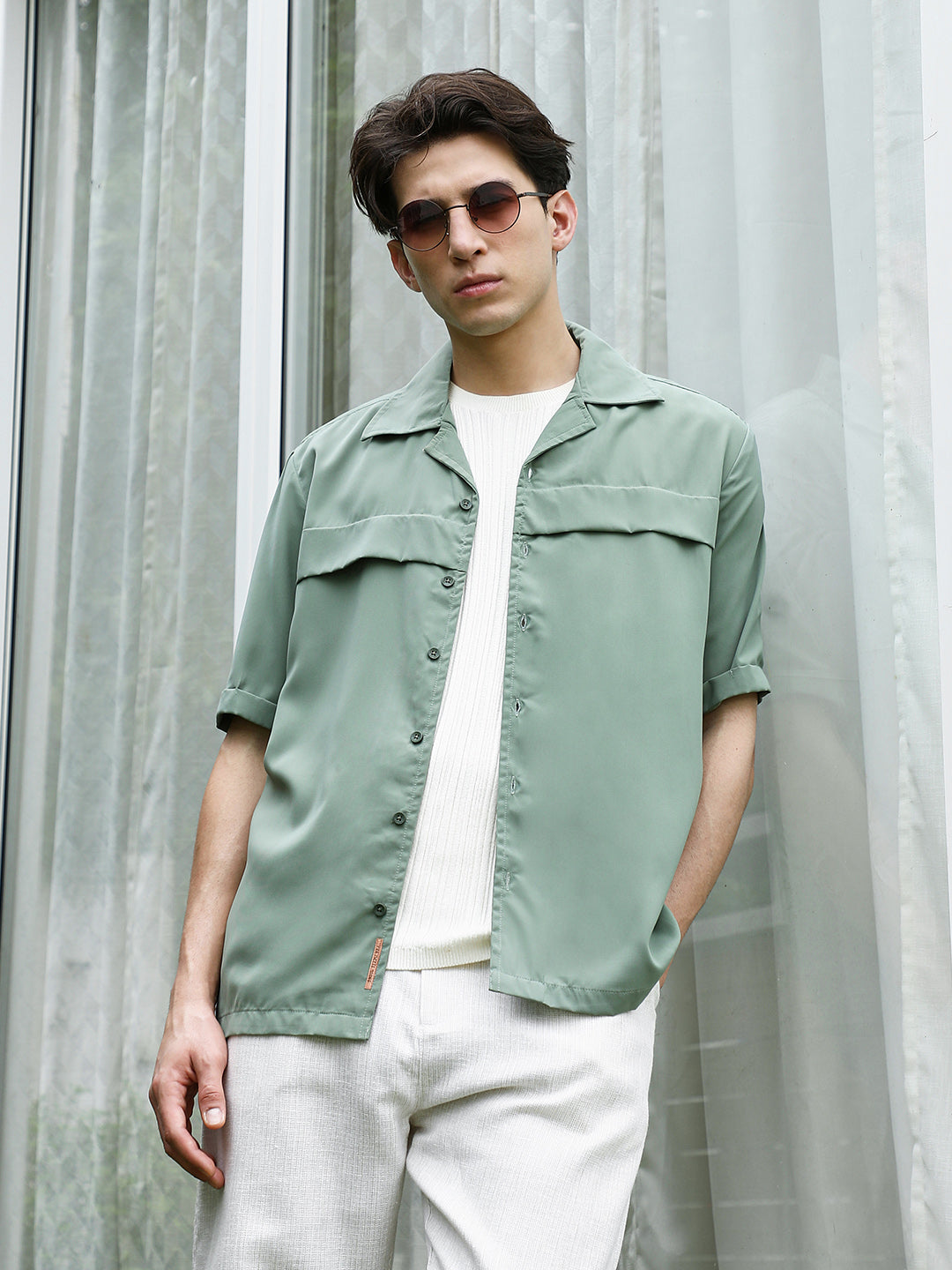 Men Sage Green Cuban Collar Relaxed Fit Shirt