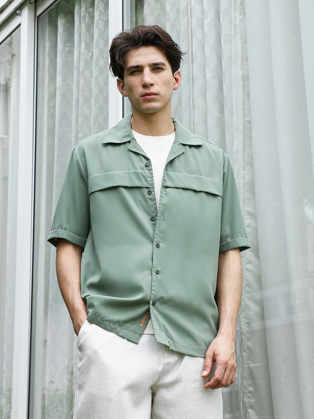 Men Sage Green Cuban Collar Relaxed Fit Shirt