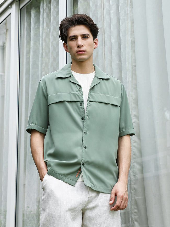 Men Sage Green Cuban Collar Relaxed Fit Shirt