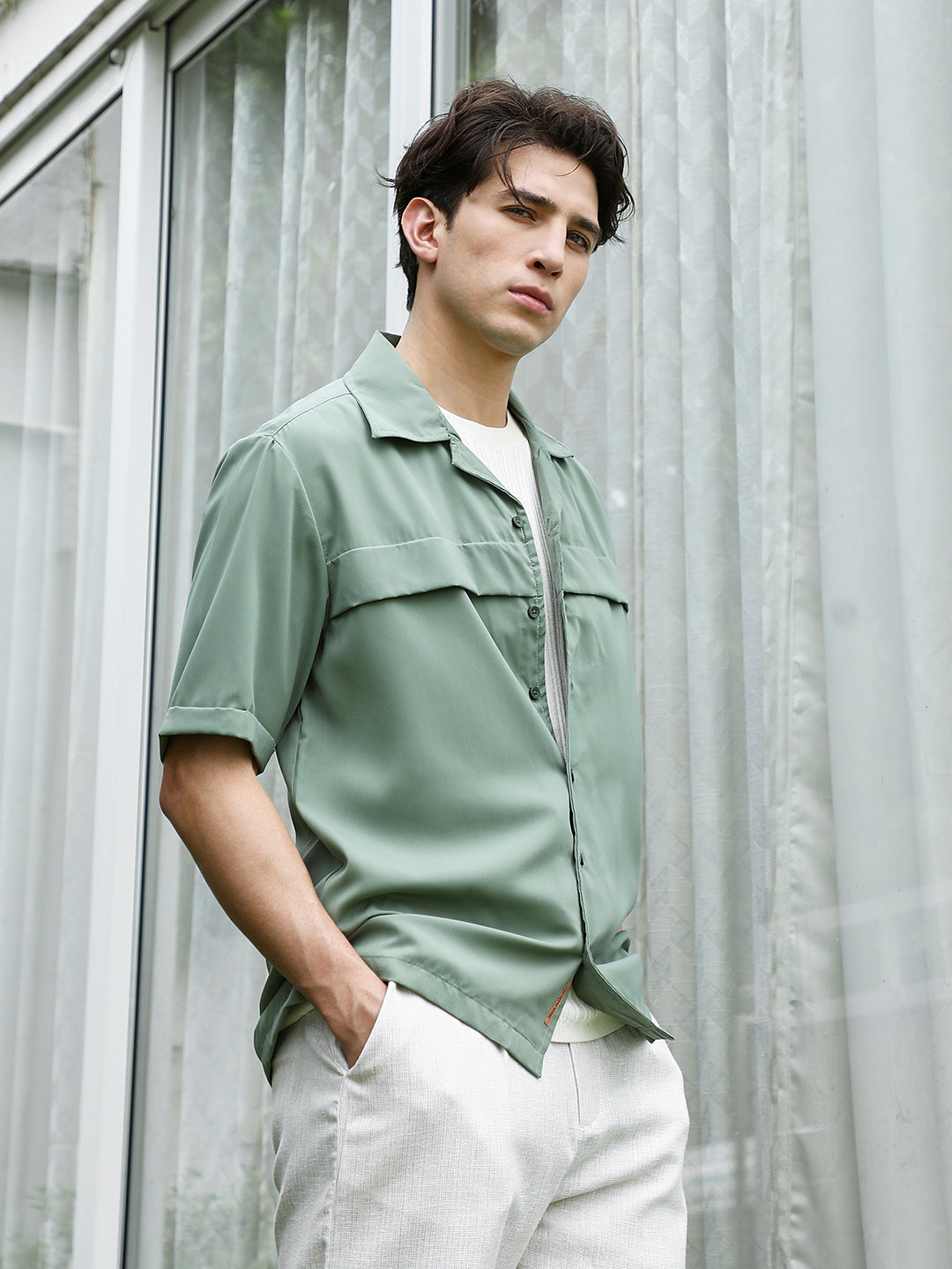 Men Sage Green Cuban Collar Relaxed Fit Shirt