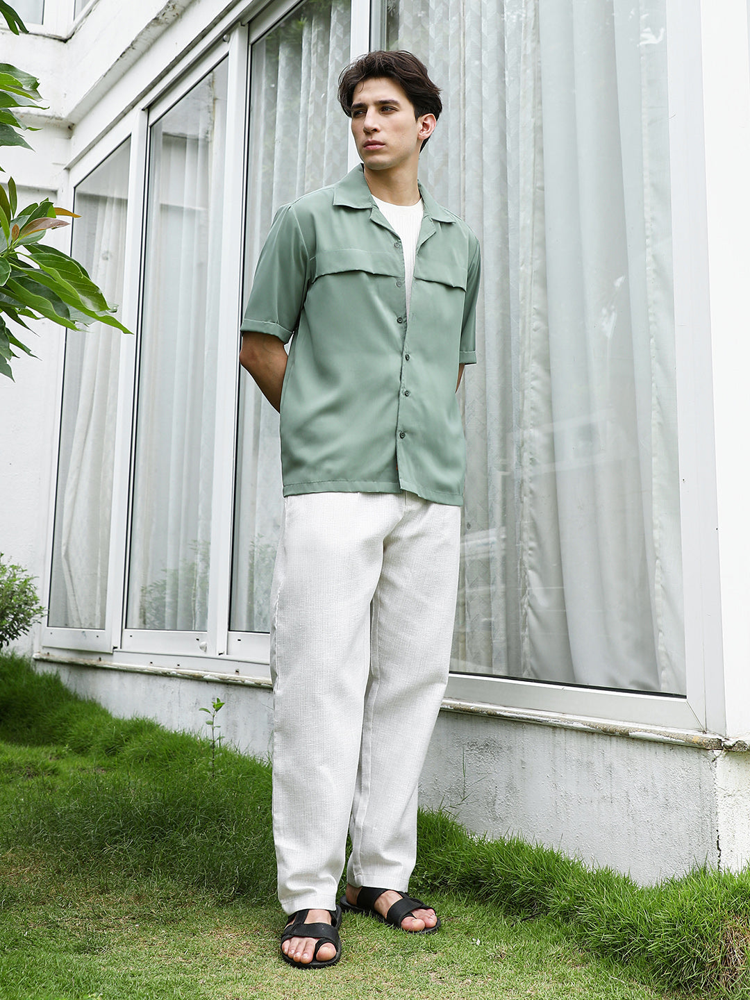 Men Sage Green Cuban Collar Relaxed Fit Shirt