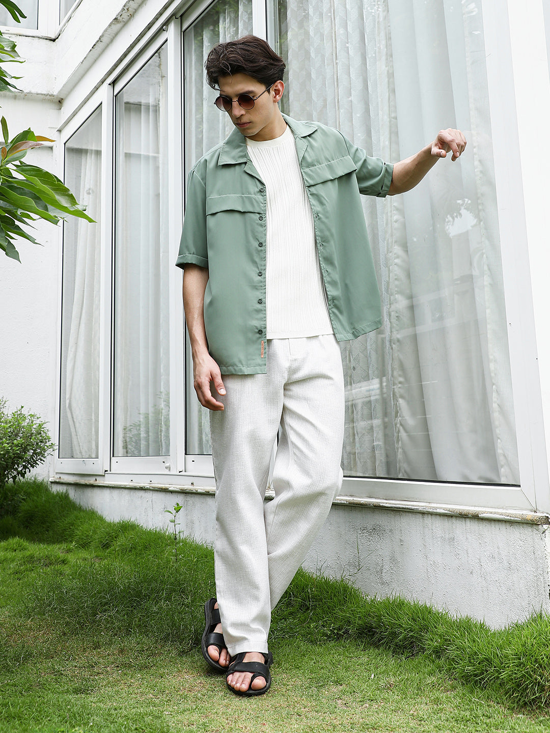 Men Sage Green Cuban Collar Relaxed Fit Shirt
