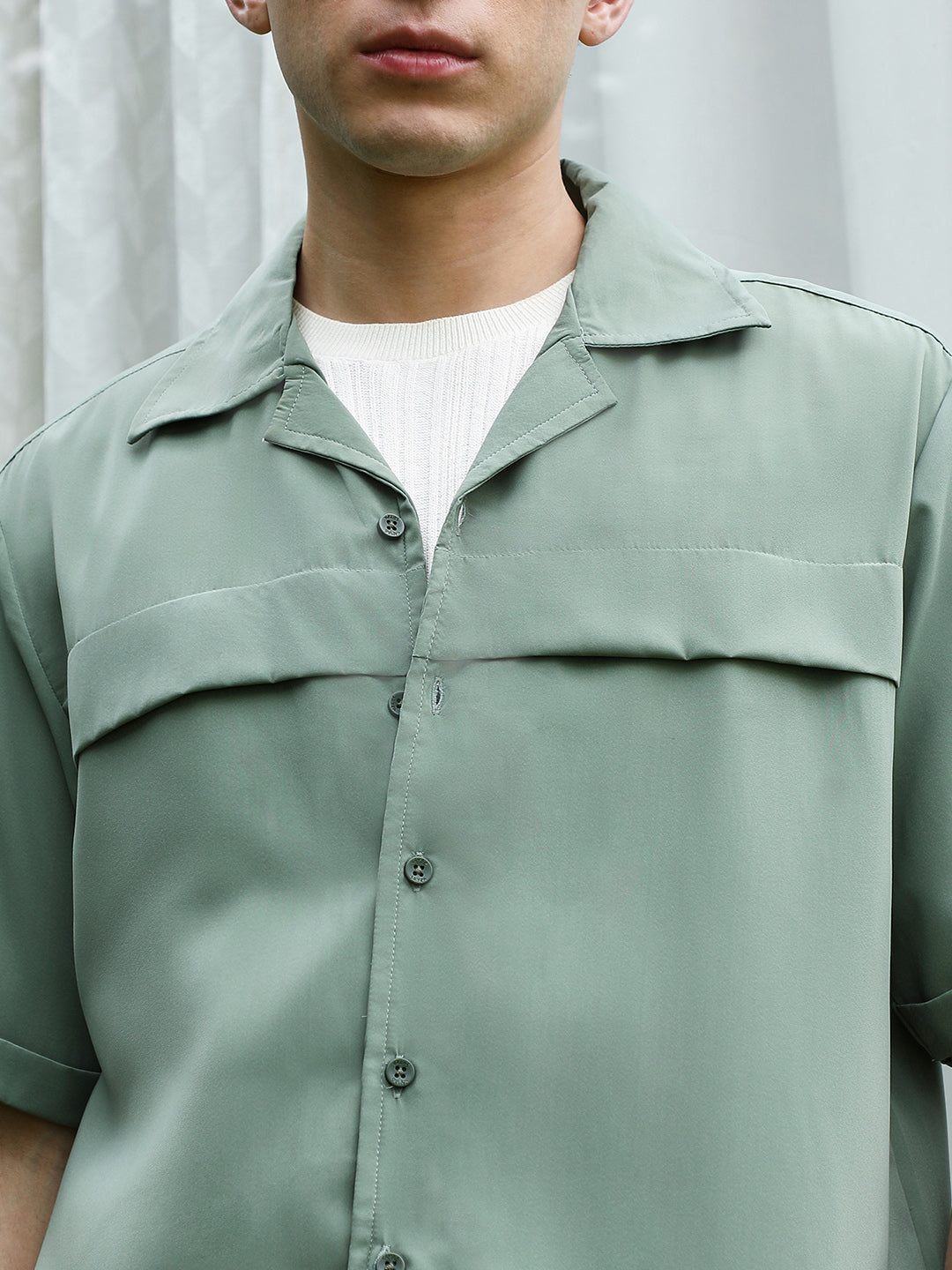 Men Sage Green Cuban Collar Relaxed Fit Shirt