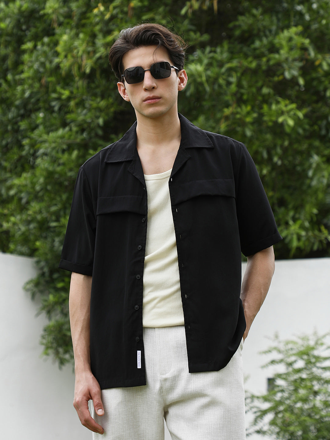 Men Black Cuban Collar Short Sleeve Shirt