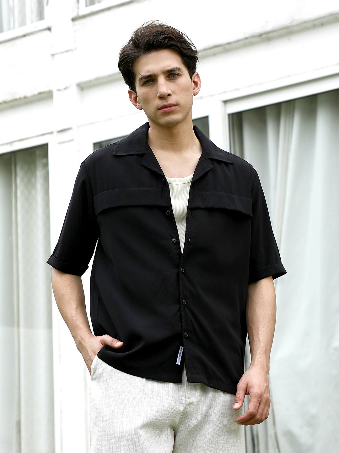 Men Black Cuban Collar Short Sleeve Shirt