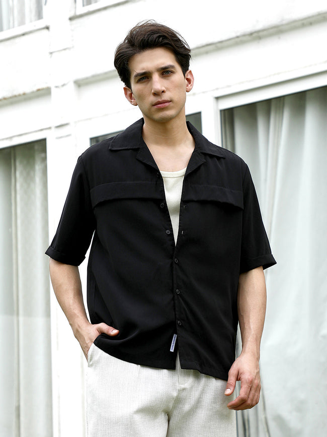 Men Black Cuban Collar Short Sleeve Shirt