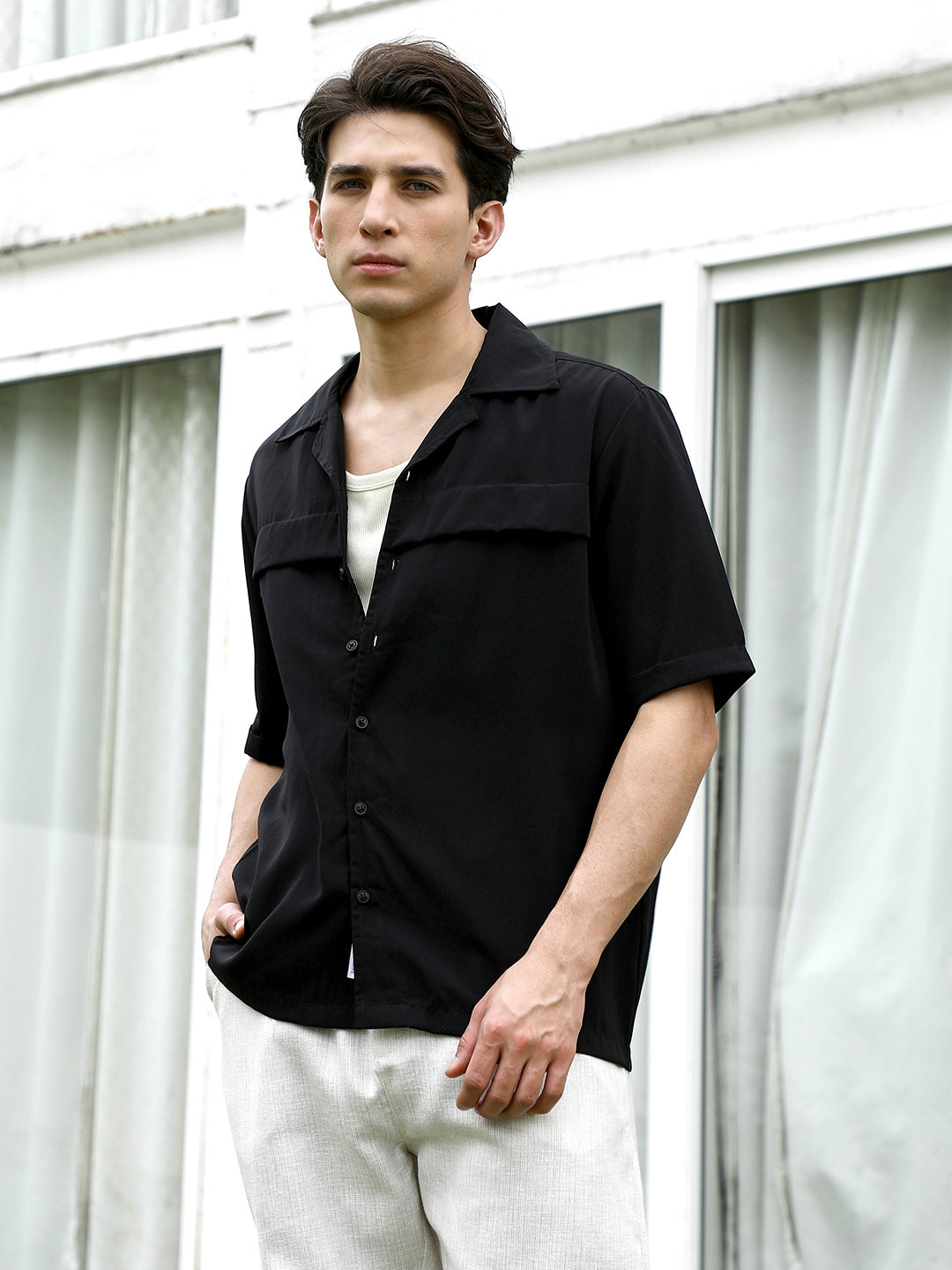 Men Black Cuban Collar Short Sleeve Shirt