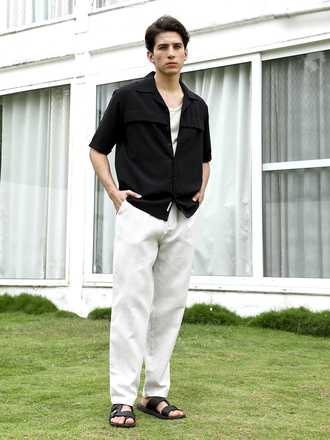Men Black Cuban Collar Short Sleeve Shirt