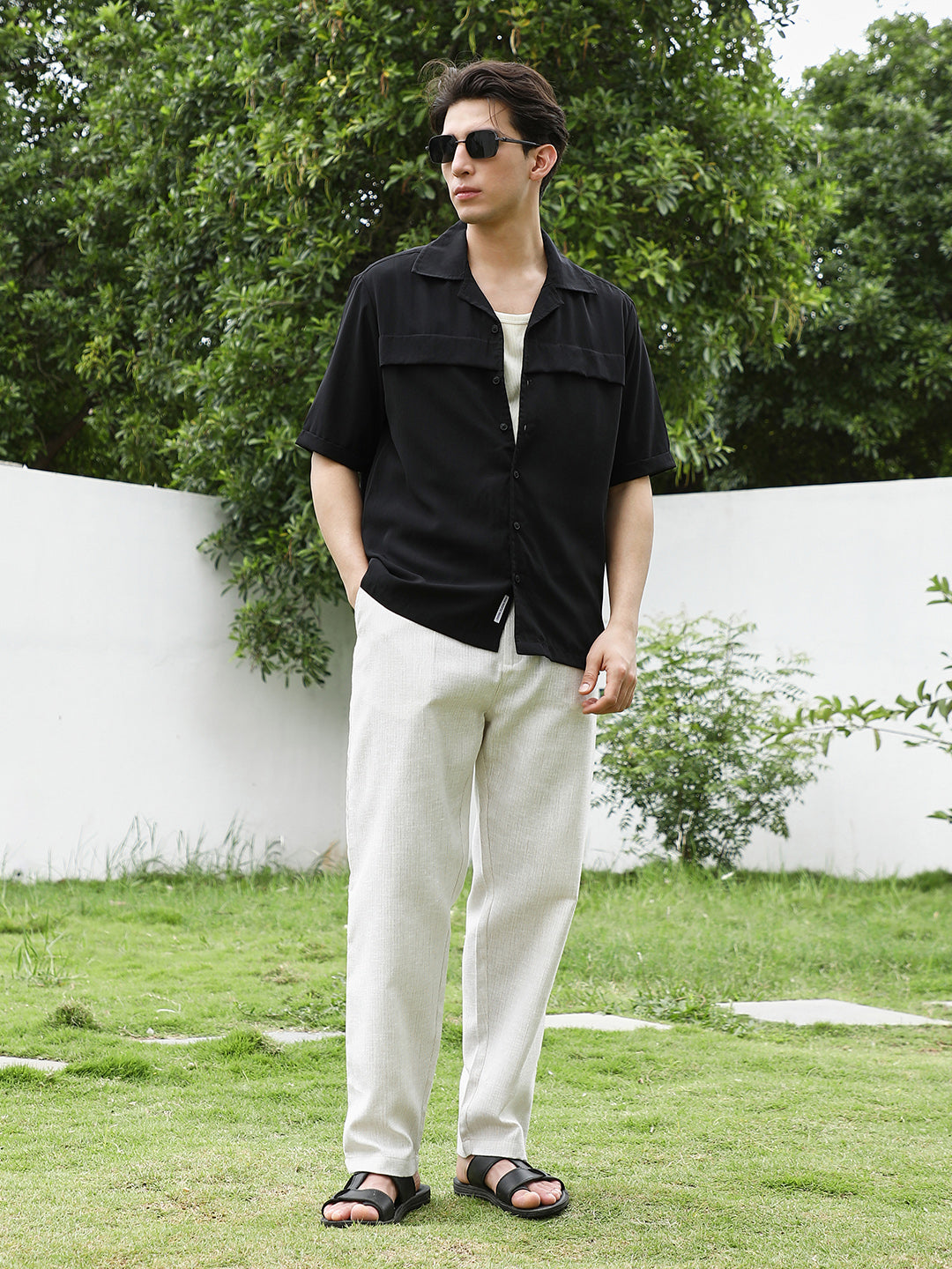 Men Black Cuban Collar Short Sleeve Shirt