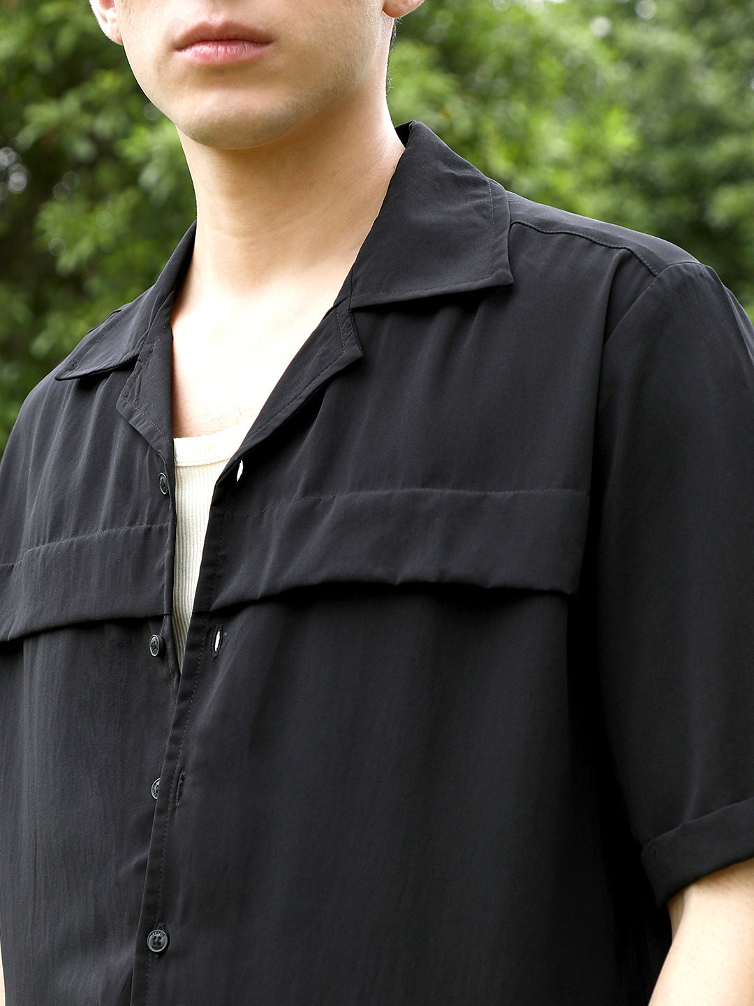 Men Black Cuban Collar Short Sleeve Shirt