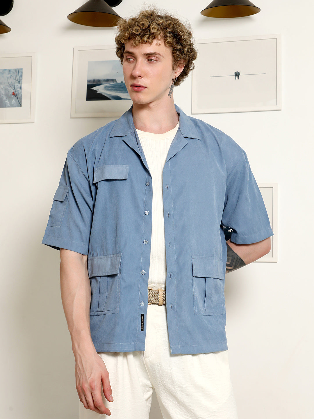 Men Blue Cuban Collar Relaxed Fit Shirt