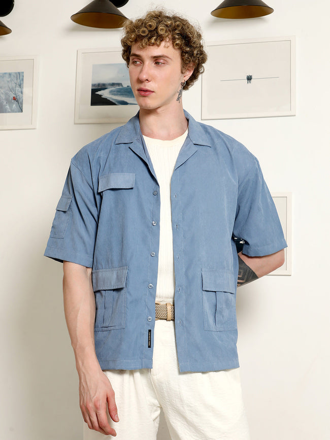Men Blue Cuban Collar Relaxed Fit Shirt