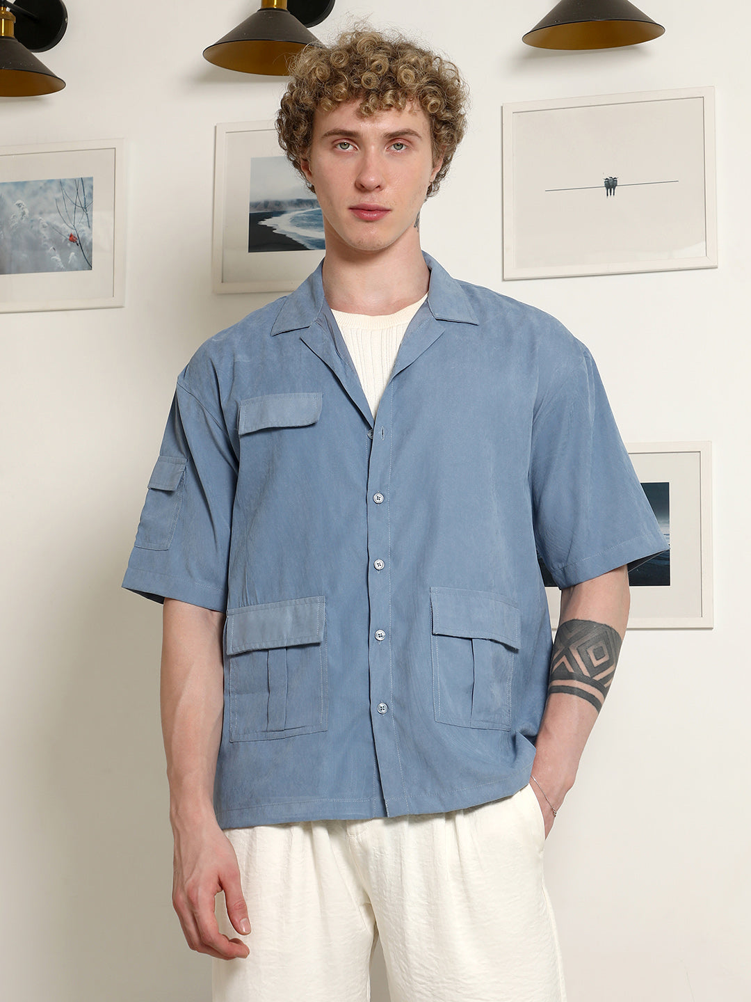 Men Blue Cuban Collar Relaxed Fit Shirt