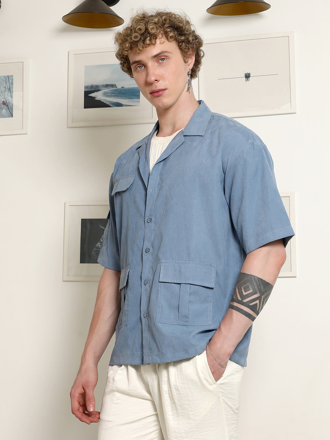 Men Blue Cuban Collar Relaxed Fit Shirt